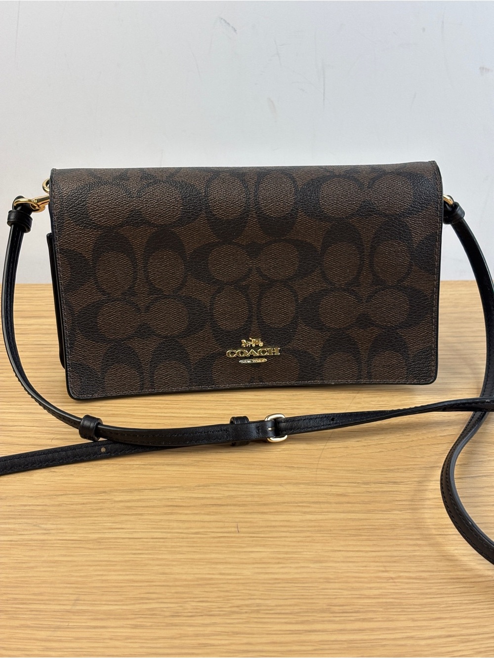 Coach Anna Foldover Clutch Crossbody in Signature Canvas Black/Brown